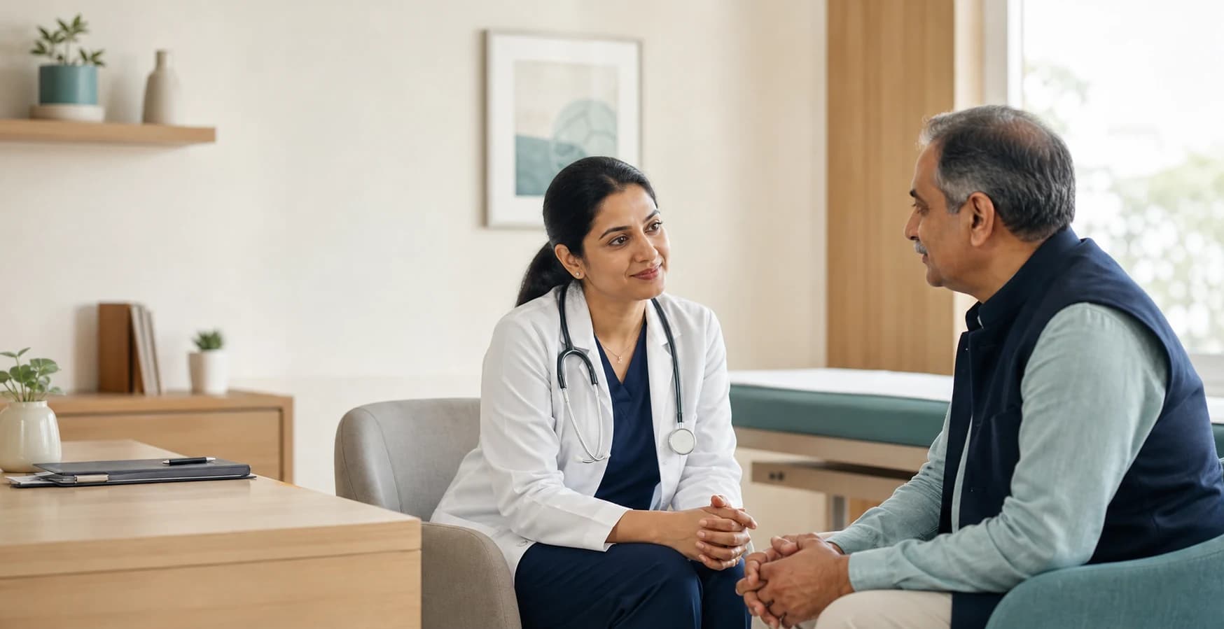 Illustrative photograph of a doctor listening to a patient